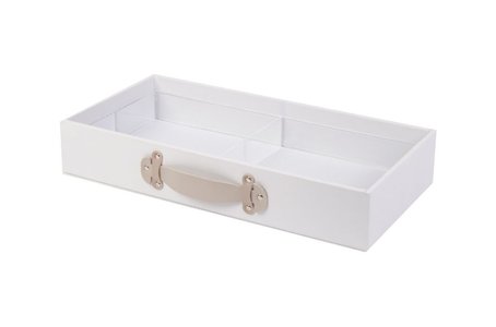 Caixa Gaveta de Couro tamanho P: 50L x 25P x 8A cor Branca div. acrílico p 4 nichos de 23 x 11